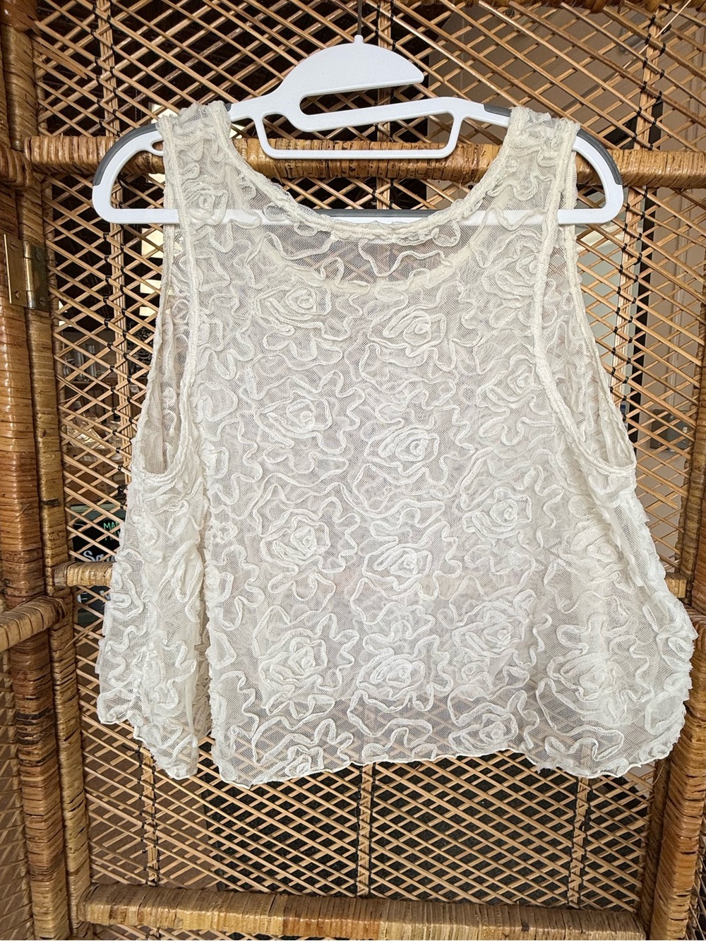 Free People Sheer Floral Mesh Tank Top Ivory Sleeveless Boho Flowy Romantic XS